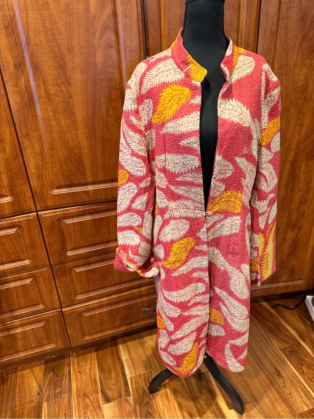 Women's Pink Feather-Print Open Long Cardigan /Robe/ cotton coat